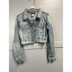 Refuge Women’s Cropped Denim Jean Jacket Button Down Back Design Size M EUC